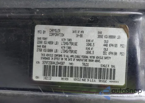 1999 Dodge Ram 2500 St из США, поврежденный, VIN 1B7KF2364XJ544587